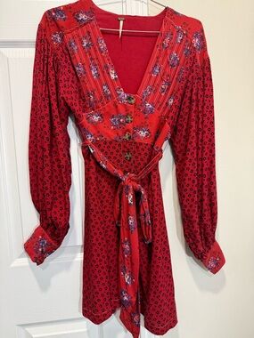 Free People Red Floral Mini Dress XS Boho Button Front Tie Waist Long Sleeve